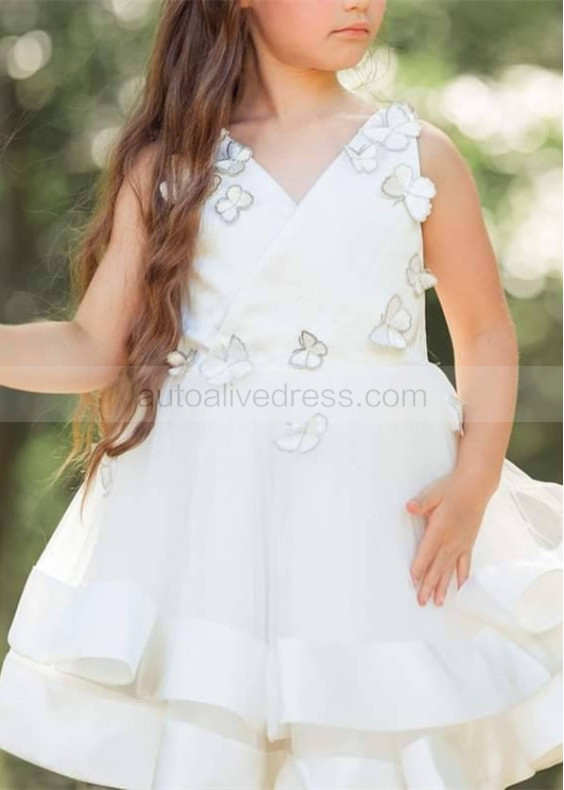 Ivory Satin Tulle 3D Butterflies Flower Girl Dress